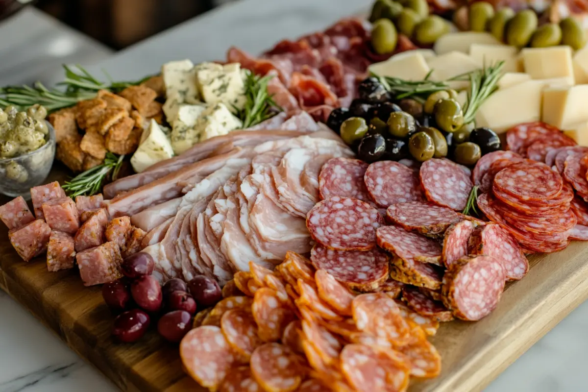 Is bologna a healthy meat? A charcuterie board featuring bologna, turkey breast, and salami with garnishes