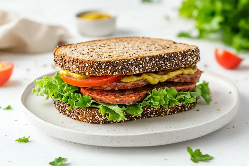 Is bologna a healthy meat? A healthy sandwich with bologna, lettuce, tomato, and whole-grain bread.