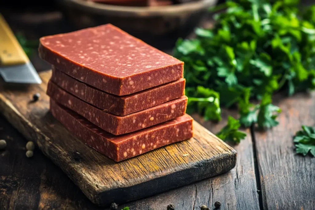 Is bologna a healthy meat? A stack of sliced bologna on a wooden cutting board with parsley garnish