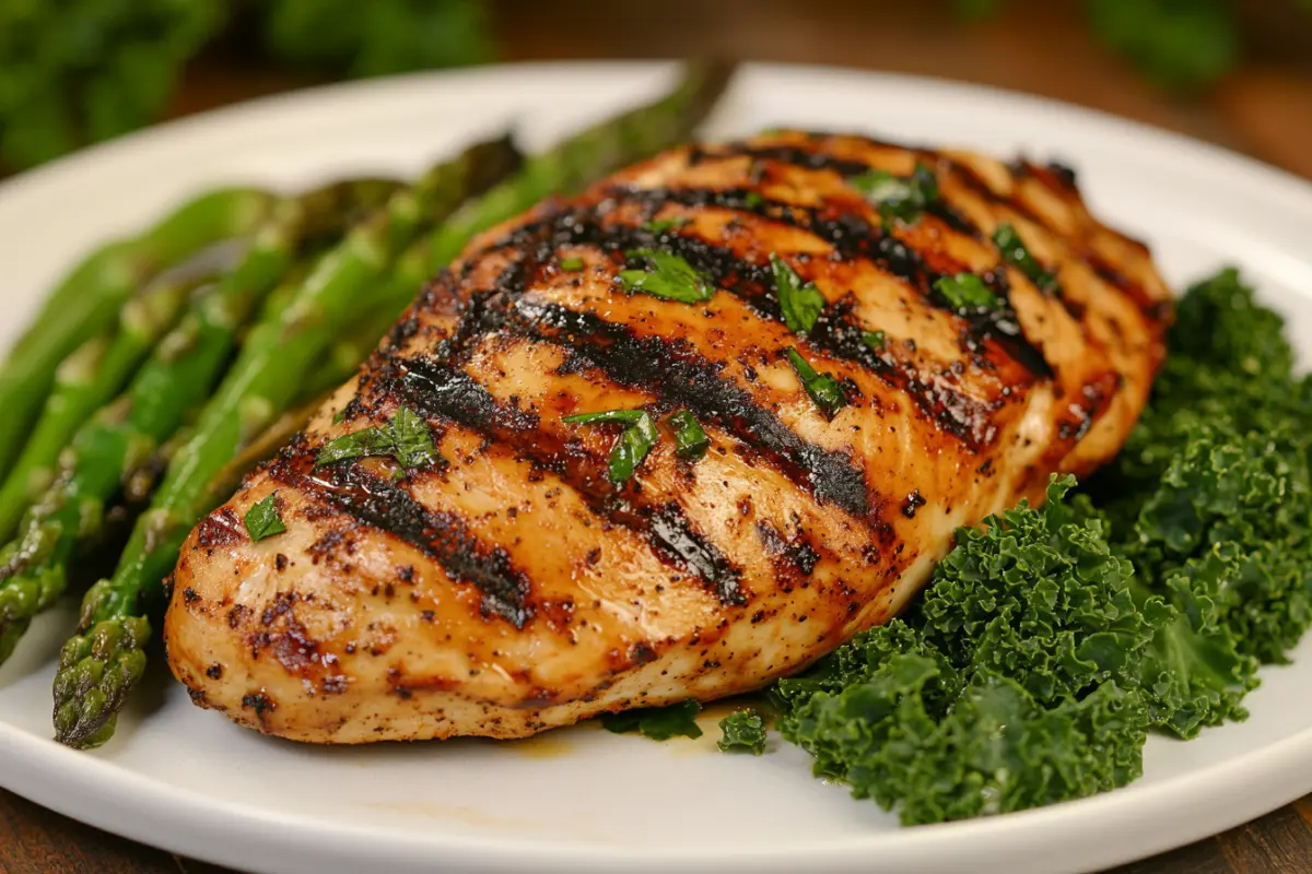 Grilled chicken breast with green vegetables on a white plate, answering What is the healthiest meat to eat