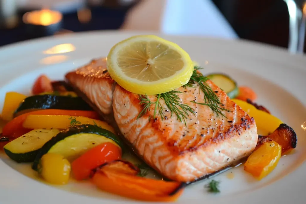 Seared salmon fillet with roasted vegetables and lemon garnish