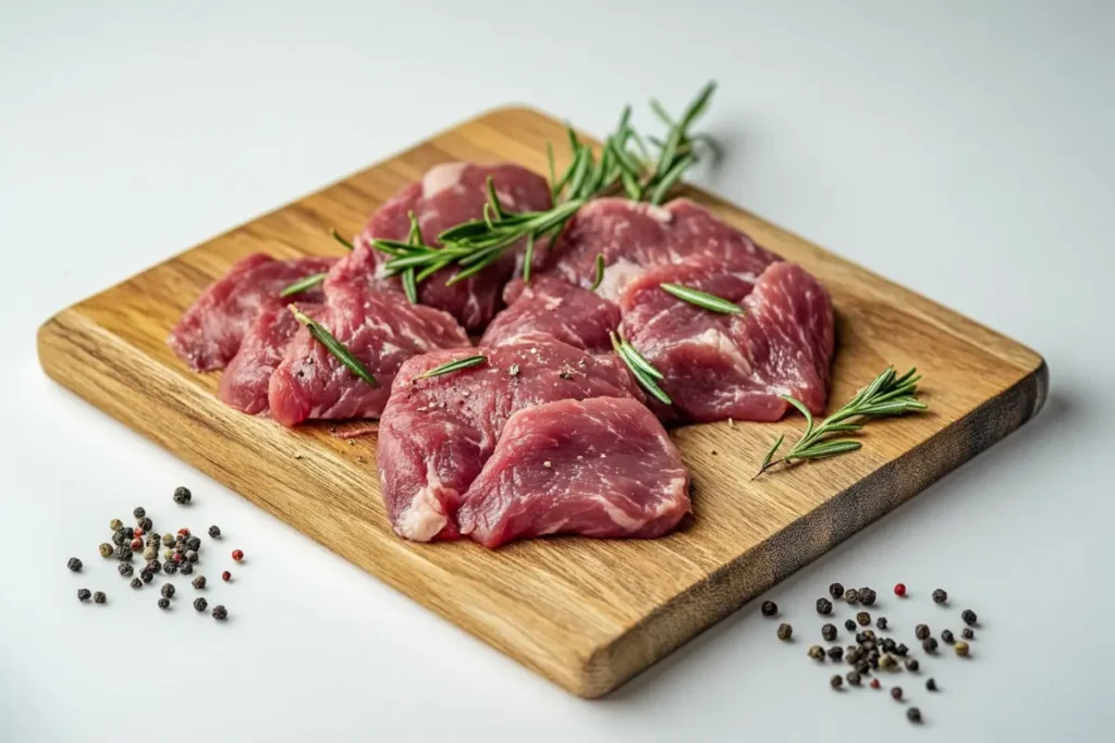 Raw lean cuts of beef and chicken on a wooden butcher's board