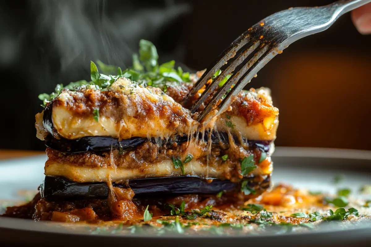 A fork lifting a slice of layered casserole with eggplant, spiced meat, and creamy sauce, steaming in a cozy kitchen setting