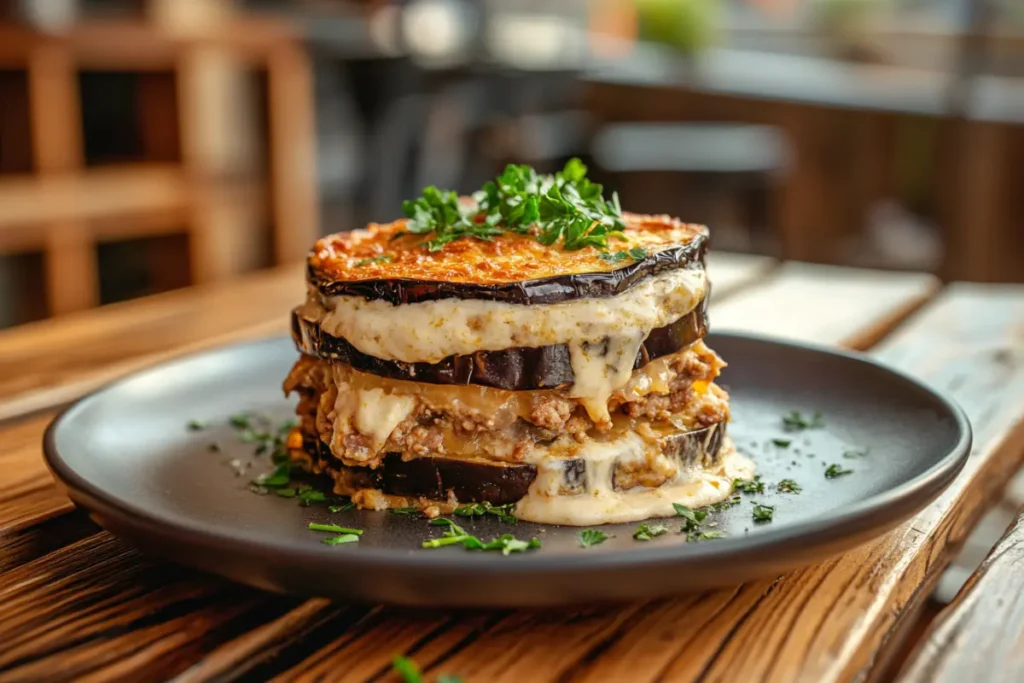 Traditional Musakka served on a rustic wooden table with golden-brown layers of eggplant, minced meat, and béchamel