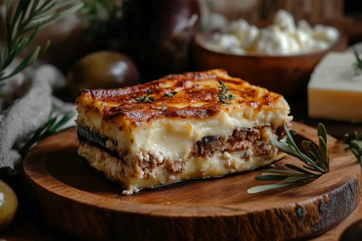 A slice of moussaka with layers of eggplant, spiced lamb, and béchamel sauce on a rustic wooden plate