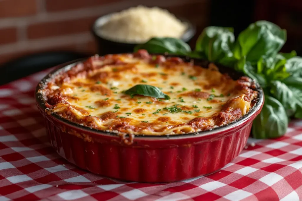 A freshly baked slice of lasagna with layers of pasta, rich meat sauce, and melted cheese, highlighting the question: Is Moussaka Just Lasagna?