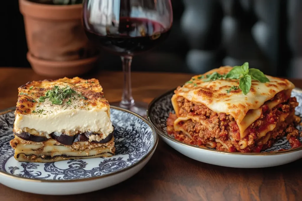 A side-by-side comparison of moussaka and lasagna, showcasing their layered differences and addressing the question: Is Moussaka Just Lasagna?