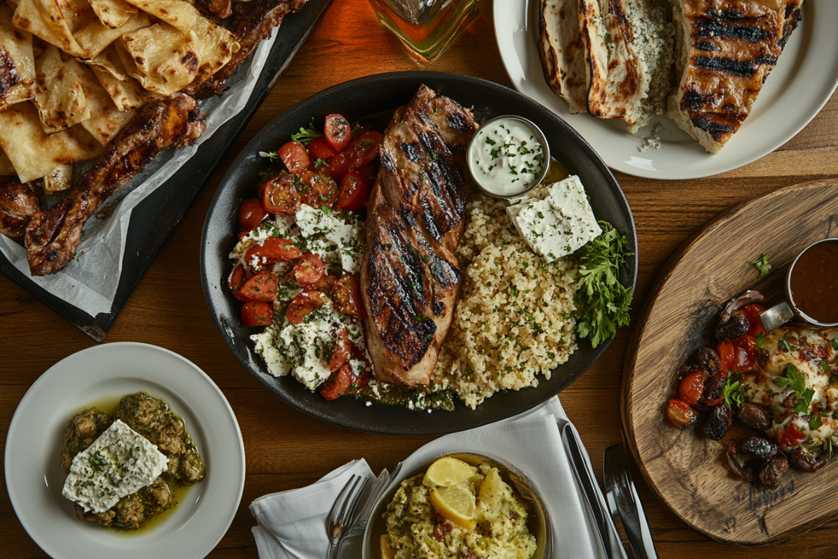 A spread of vibrant Greek food on a wooden table, highlighting the rich textures and colors of traditional dishes, with plates and cutlery arranged elegantly.