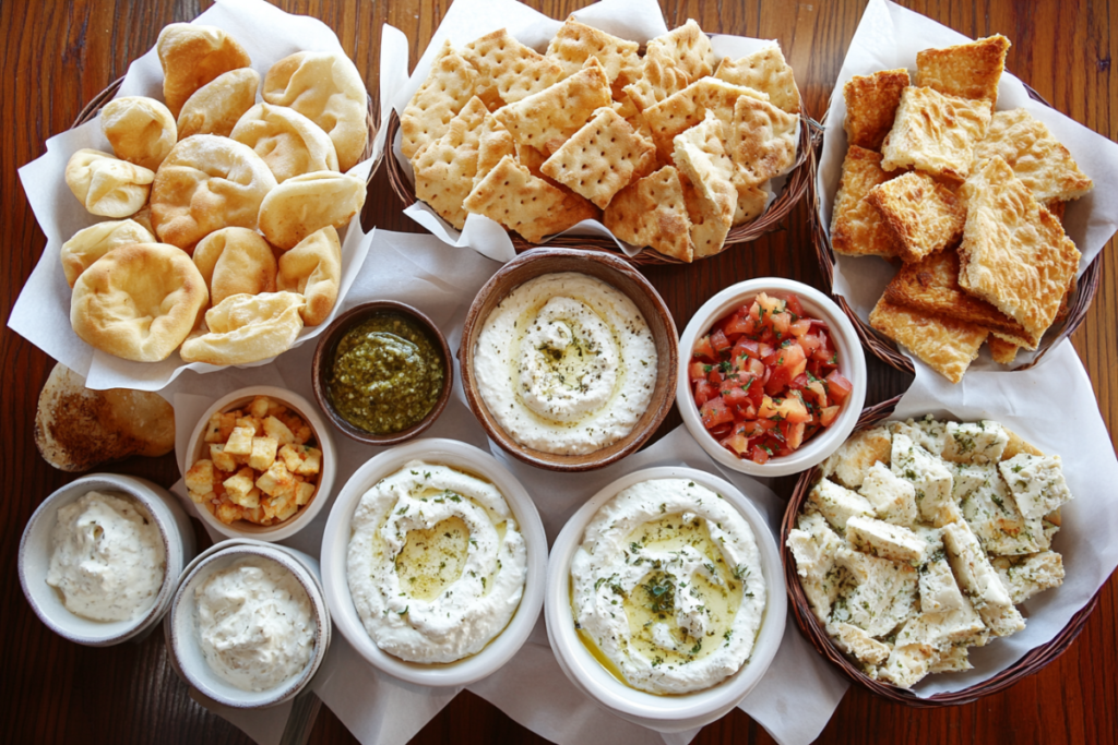 A variety of popular Greek foods displayed from a slightly overhead angle, featuring crusty breads, smooth dips, and grilled items in a warm, inviting setting.