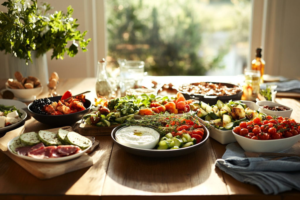 An assortment of popular Greek foods on a table, featuring vibrant vegetables, meats, and dips, illuminated by natural light from a nearby window.