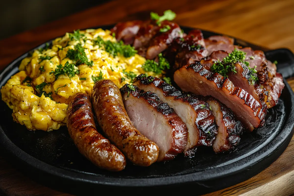 A delicious assortment of breakfast meats including bacon, sausage, and ham, served alongside eggs and toast