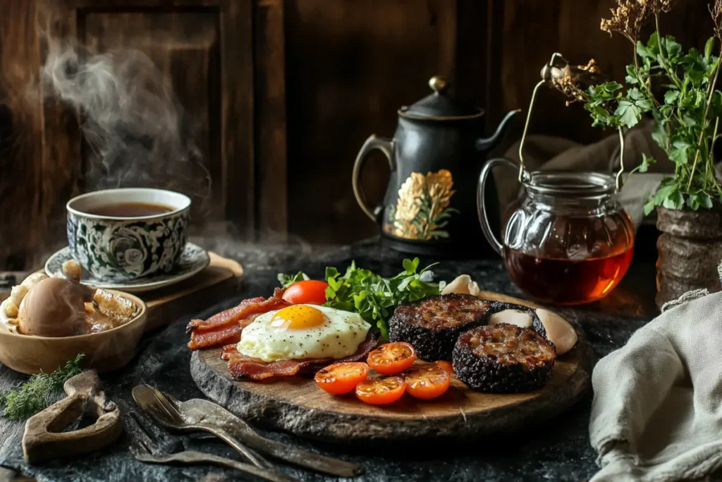 A traditional Full English breakfast featuring a variety of breakfast meats, including black pudding, sausage, and bacon, served with eggs and vegetables