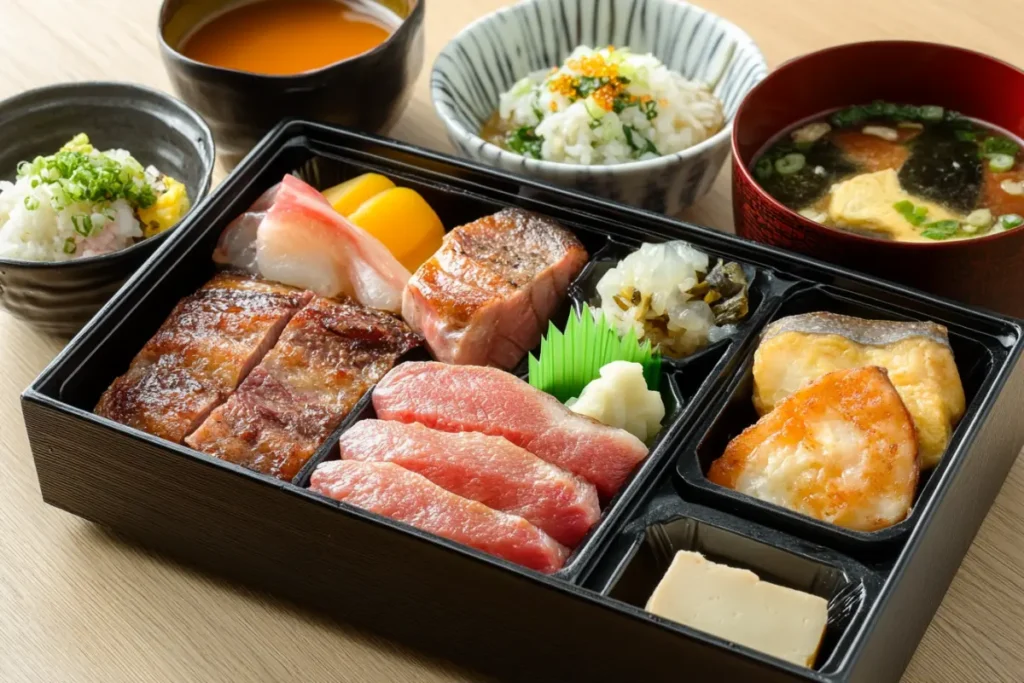 A traditional Japanese breakfast featuring fish-based breakfast meats like grilled salmon, served with rice, miso soup, and pickled vegetables