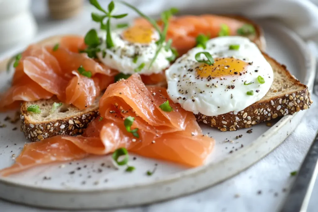 healthiest breakfast meat: Smoked salmon with whole-grain toast and a poached egg