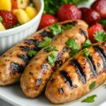 Grilled chicken sausage with fresh parsley and fruit salad