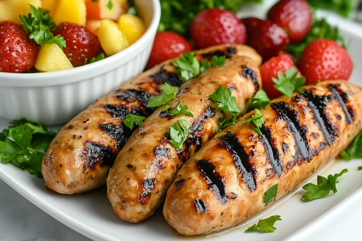 Grilled chicken sausage with fresh parsley and fruit salad