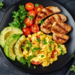 A colorful breakfast plate featuring scrambled eggs, grilled chicken sausage, avocado slices, and cherry tomatoes