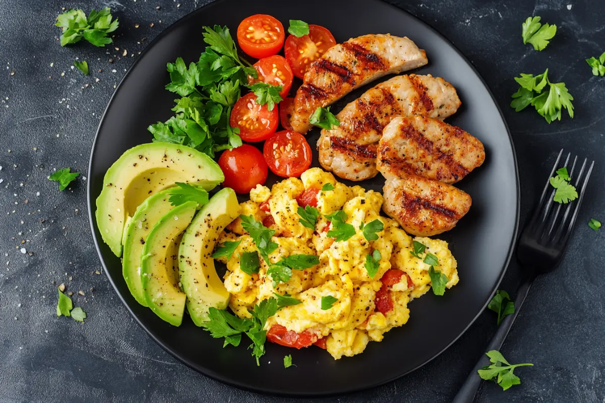 A colorful breakfast plate featuring scrambled eggs, grilled chicken sausage, avocado slices, and cherry tomatoes