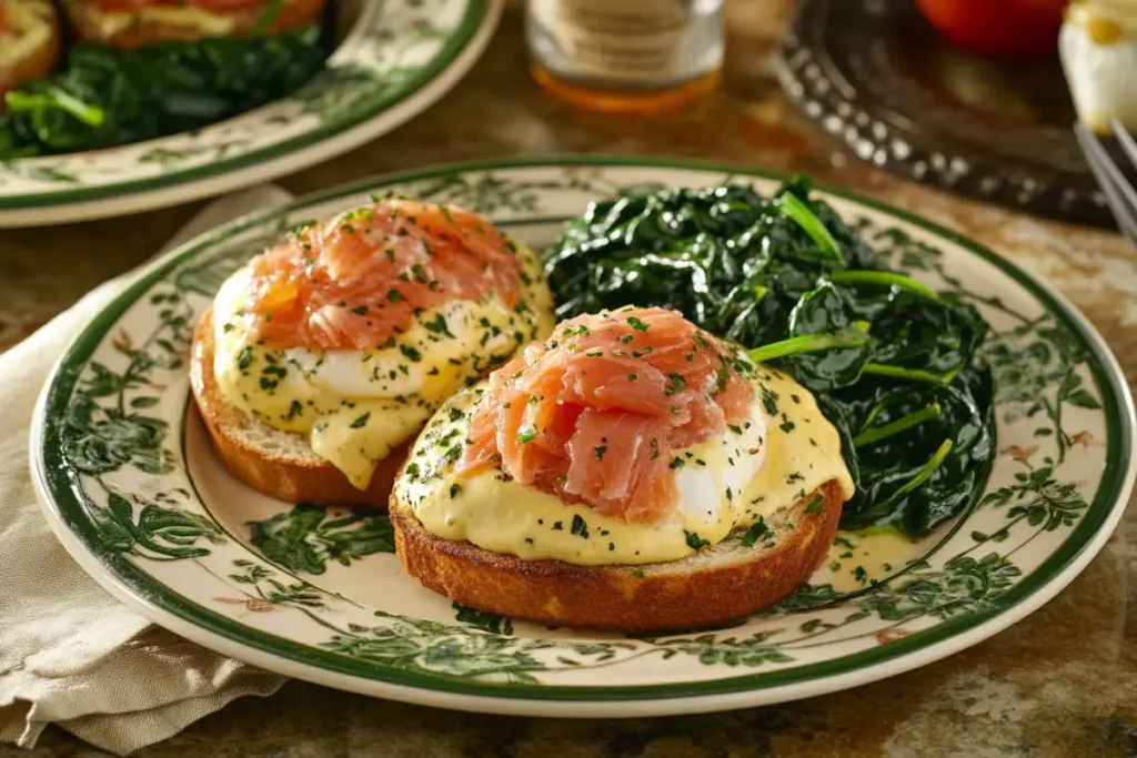 Gourmet breakfast plate showing what meat to eat with eggs for breakfast, featuring smoked salmon, eggs Benedict, and hollandaise sauce, garnished with fresh dill and spinach.