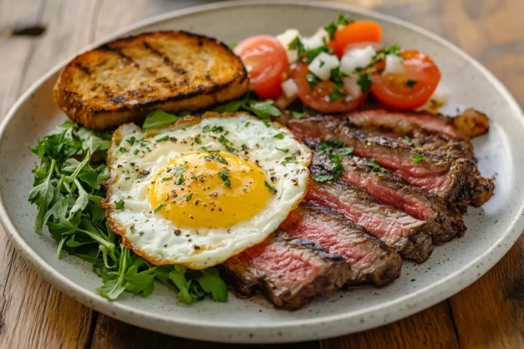 A hearty breakfast plate showcasing what meat to eat with eggs for breakfast, featuring a sunny-side-up egg, sliced steak, fresh arugula, grilled toast, and cherry tomato salad.