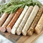 An assortment of pork, turkey, chicken, and plant-based breakfast sausages on a wooden board, garnished with rosemary