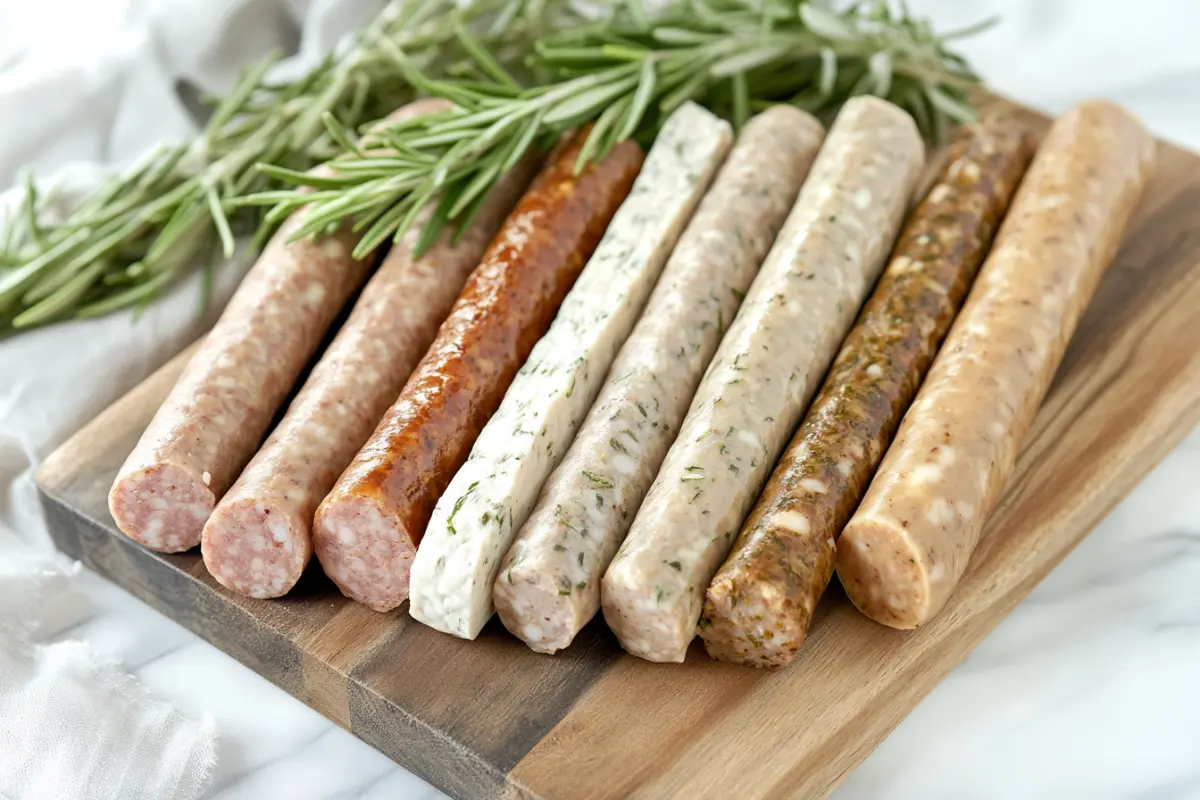 An assortment of pork, turkey, chicken, and plant-based breakfast sausages on a wooden board, garnished with rosemary