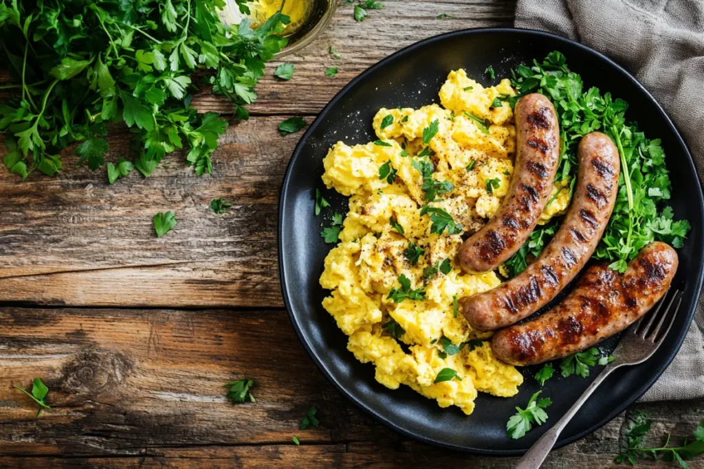 Juicy pork breakfast sausages, a top choice when deciding which sausages are best for breakfast, served alongside scrambled eggs and fresh herbs on a rustic wooden plate.