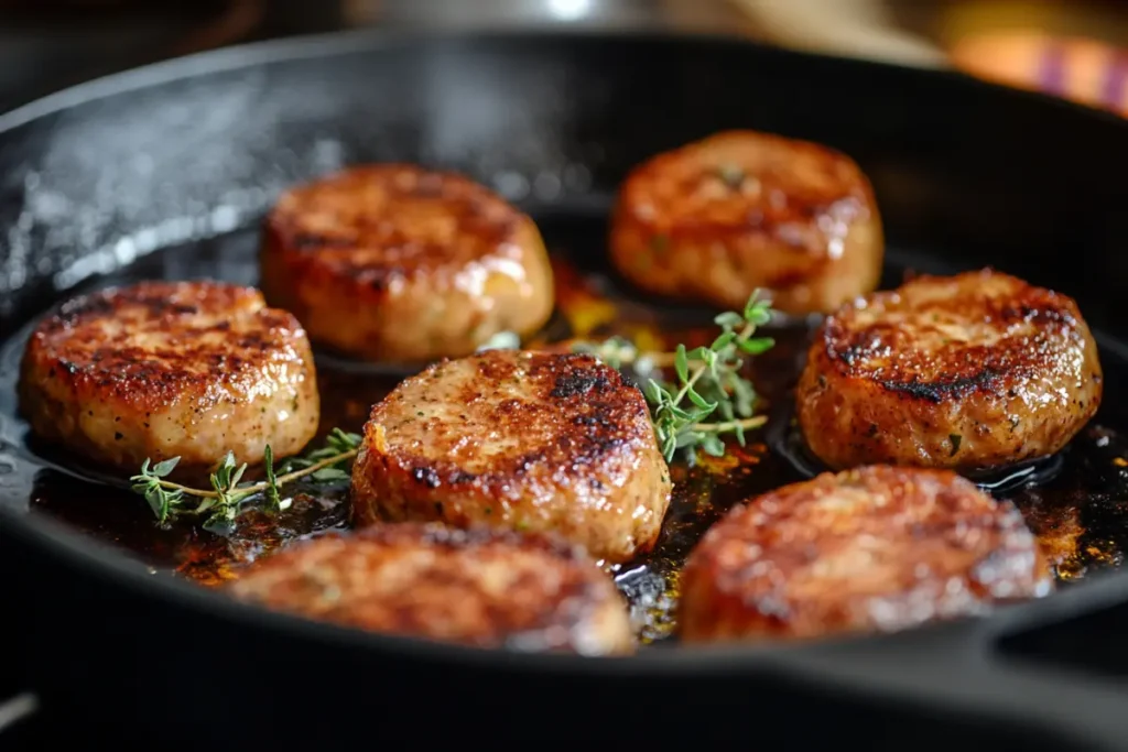 Golden-brown grilled breakfast sausages, a delicious option when considering which sausages are best for breakfast, sizzling in a cast-iron skillet with sprigs of fresh thyme.