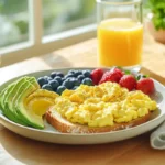 High protein breakfast foods spread with scrambled eggs, avocado toast, and Greek yogurt with berries on a wooden table