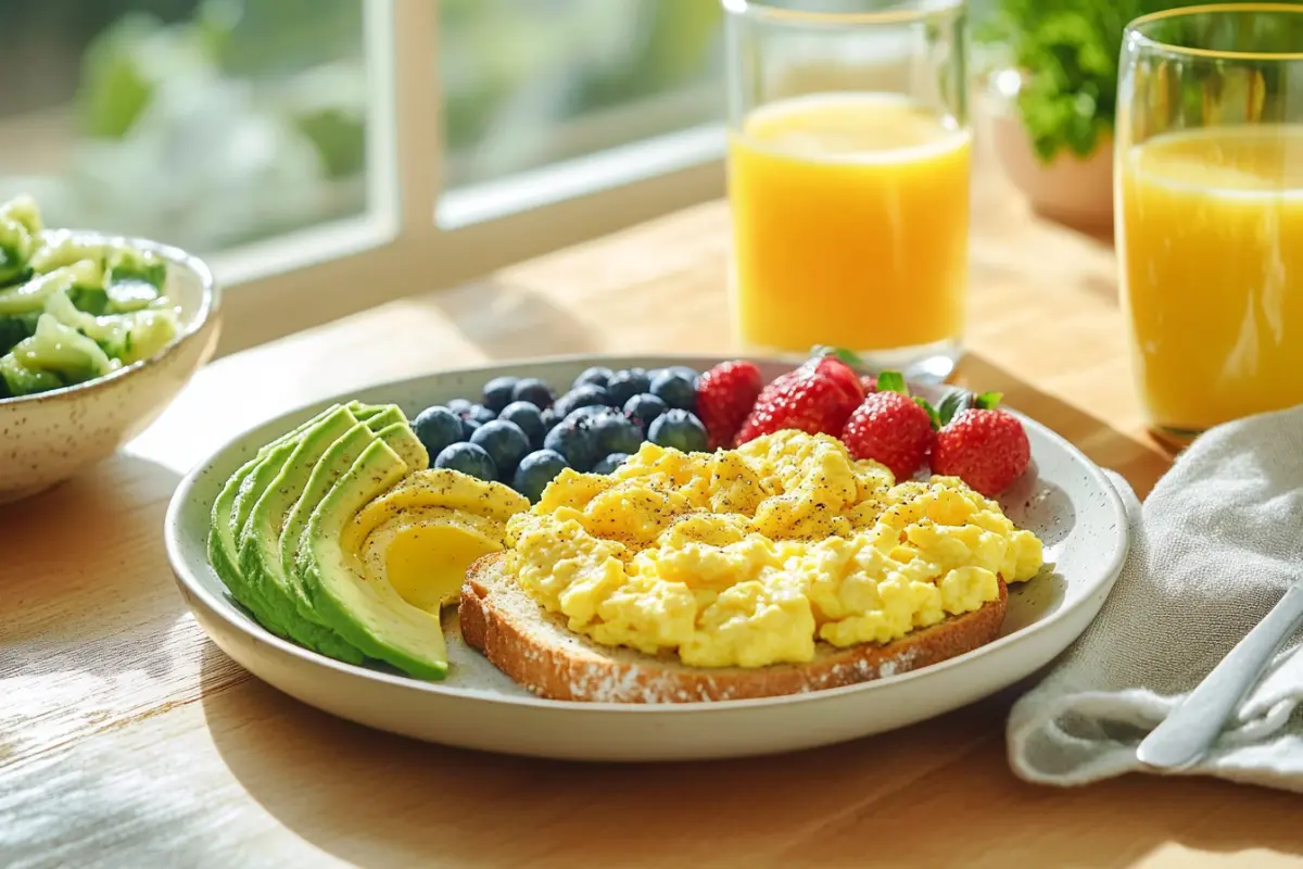 High protein breakfast foods spread with scrambled eggs, avocado toast, and Greek yogurt with berries on a wooden table