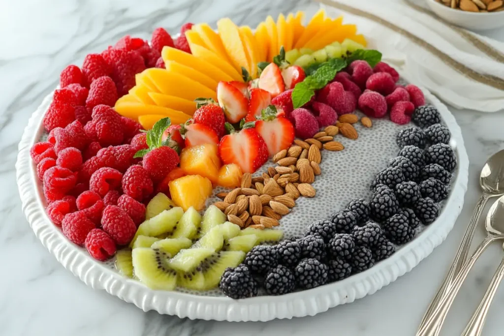 High protein breakfast foods featuring a vibrant chia seed pudding bowl topped with fresh raspberries, mango slices, kiwi, strawberries, blackberries, and almonds