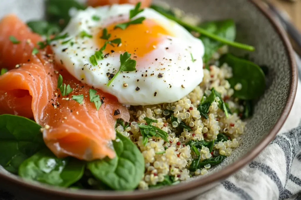 High protein breakfast foods featuring a quinoa bowl topped with fresh spinach, smoked salmon, and a perfectly poached egg, garnished with parsley