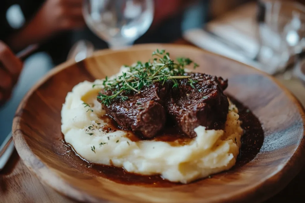 Beef cheek meat served on a bed of creamy mashed potatoes, garnished with fresh thyme