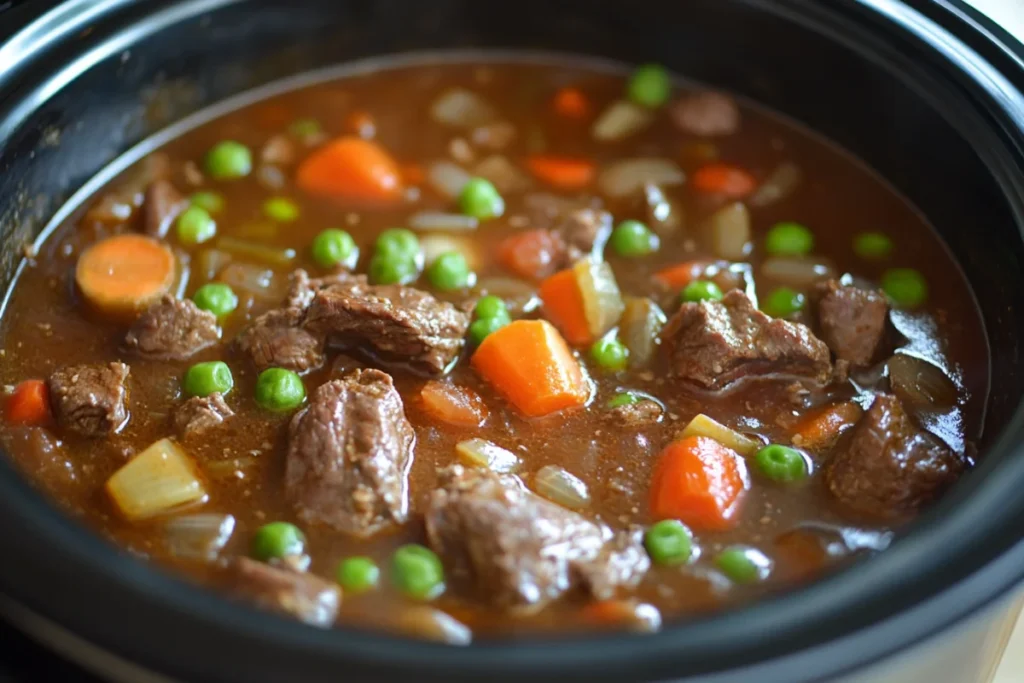 Slow-cooked beef cheek meat stew with carrots, peas, and onions in a rich, savory broth
