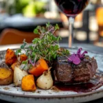 A plated beef cheek meat dish served with roasted vegetables, garnished with microgreens and edible flowers