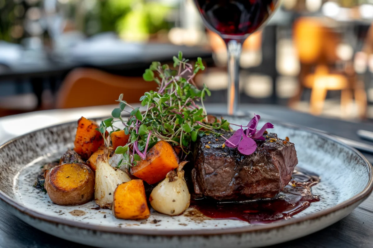 A plated beef cheek meat dish served with roasted vegetables, garnished with microgreens and edible flowers