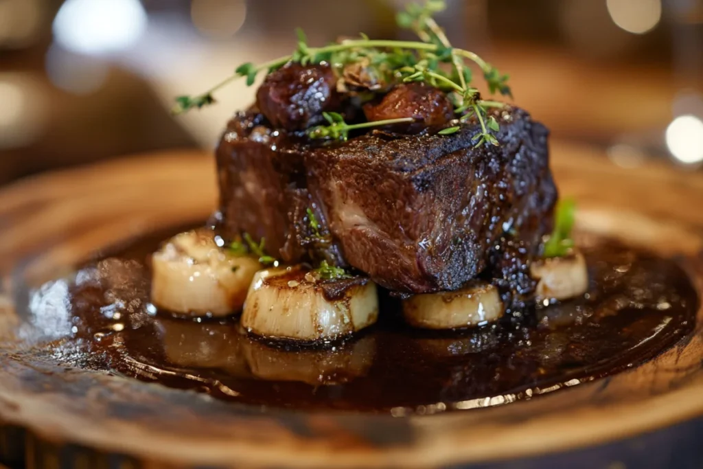 Tender beef short ribs braised in rich red wine sauce served on a rustic wooden plate