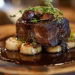 Tender beef short ribs braised in rich red wine sauce served on a rustic wooden plate