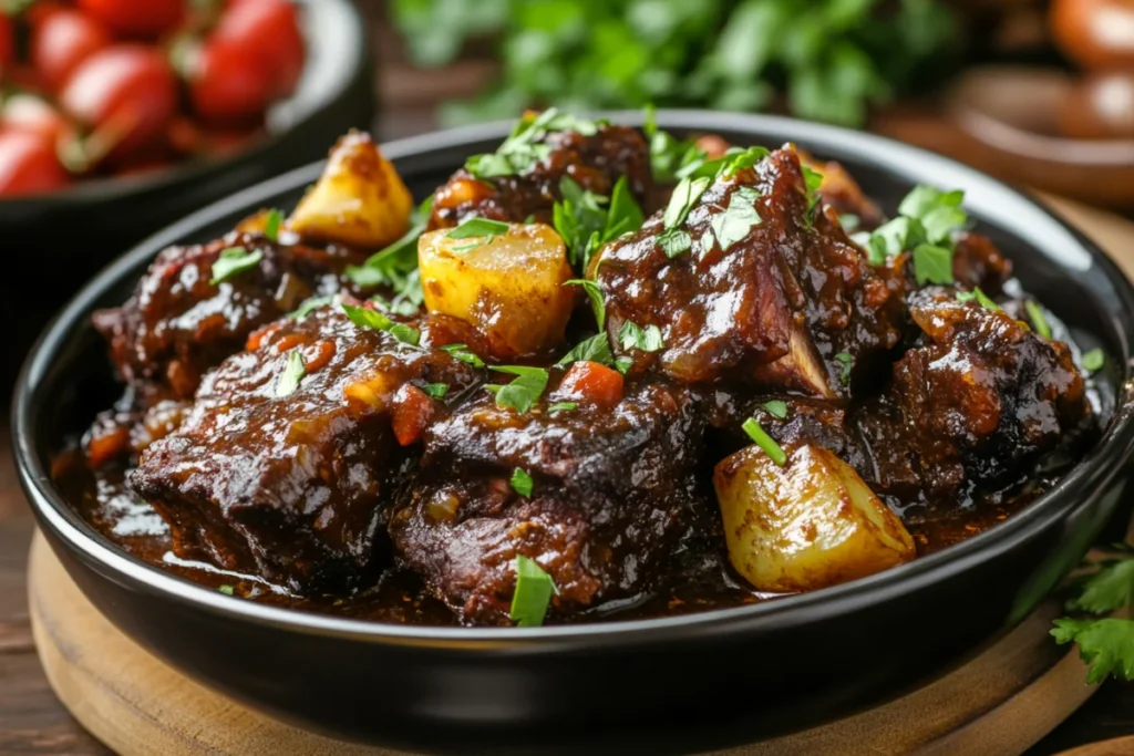 A delicious braised dish featuring tender Meat similar to beef cheeks, garnished with fresh herbs and served with roasted potatoes in a rich, glossy sauce