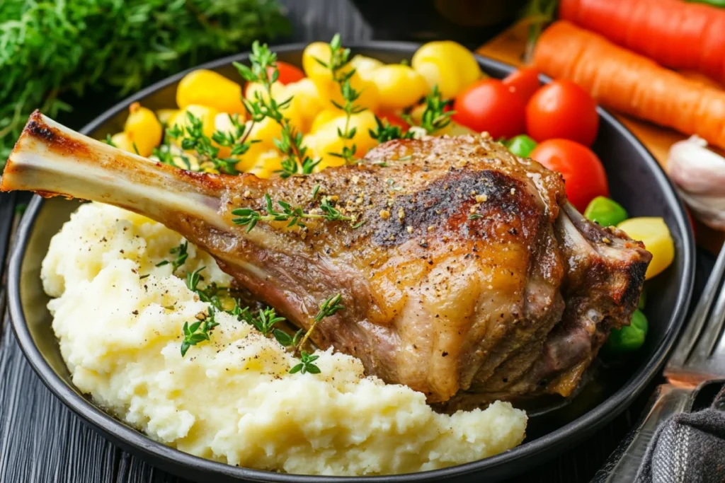 Perfectly cooked lamb shank served with creamy mashed potatoes and colorful vegetables, a great alternative for meat similar to beef cheeks