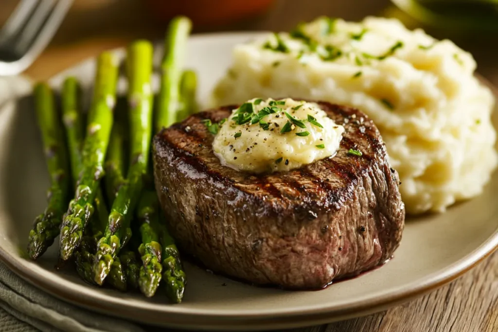 Discover Plated filet mignon with garlic butter, asparagus, and mashed potatoes