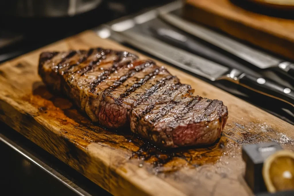 Grilled ribeye steak, one of the most expensive cuts of beef, resting on a wooden board with visible sear marks and juicy texture