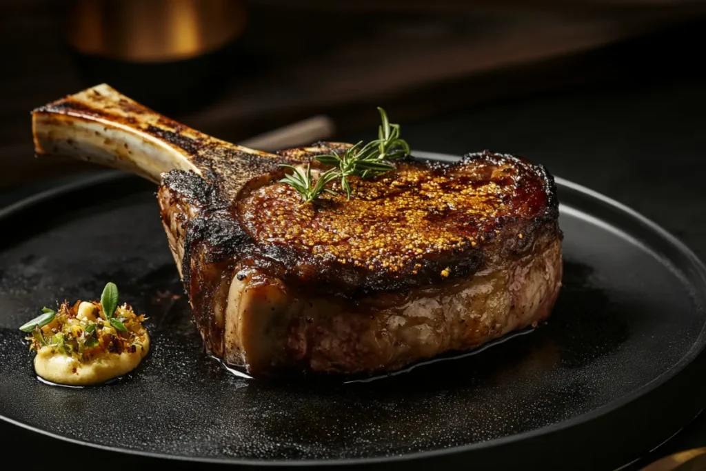 A luxurious tomahawk steak, one of the most expensive cuts of beef, served on a black plate with garnishes and golden crust.