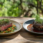 A side-by-side comparison of a juicy, medium-rare steak and tender, slow-cooked beef cheeks.