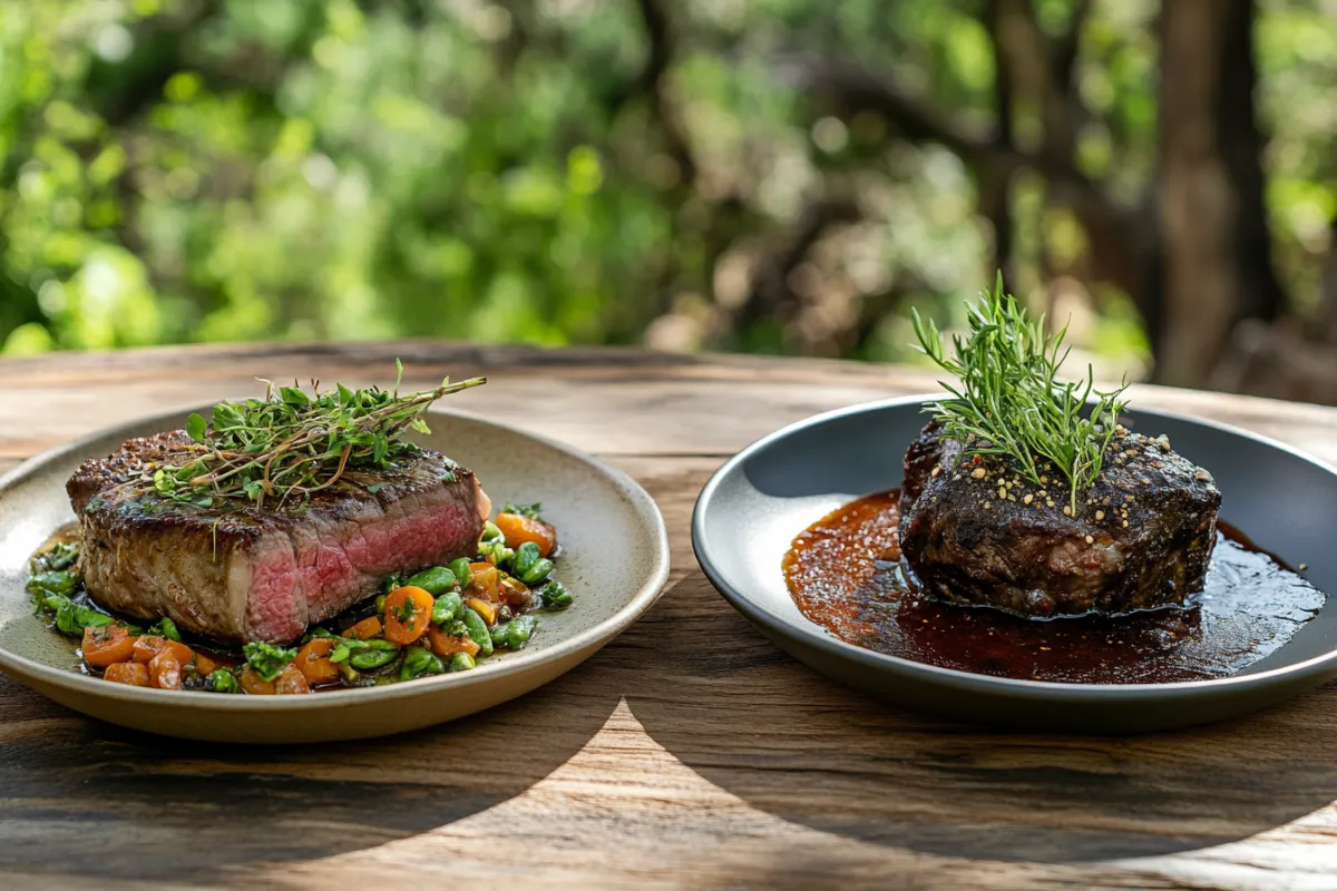 A side-by-side comparison of a juicy, medium-rare steak and tender, slow-cooked beef cheeks.