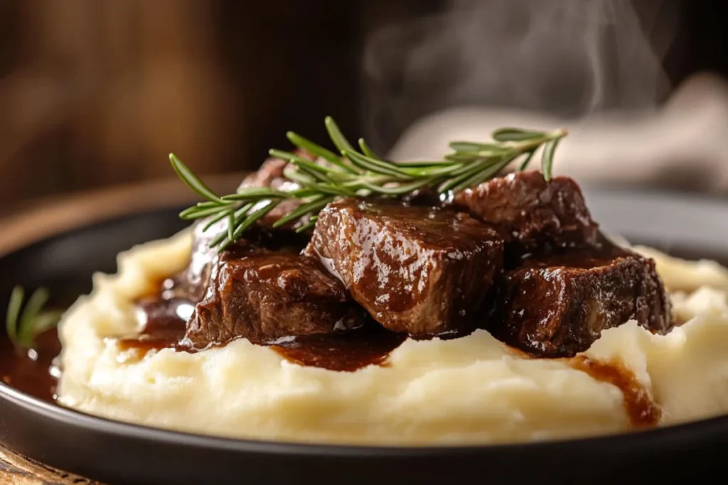 Slow-cooked beef cheeks served with creamy mashed potatoes and roasted vegetables, showcasing their rich flavor and tenderness. 