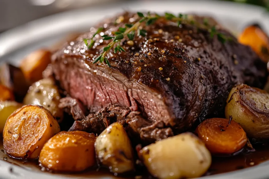 Braised beef cheeks plated elegantly with a garnish of fresh herbs, offering a tender texture and rich flavor. Do beef cheeks taste like steak?