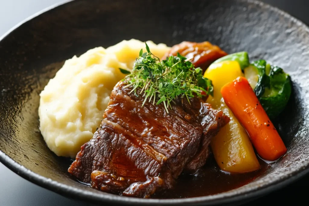 Slow-cooked beef cheek served with mashed potatoes and vegetables.