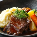 Slow-cooked beef cheek served with mashed potatoes and vegetables.