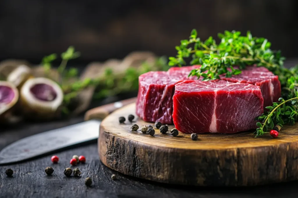 Is beef cheek easily digestible? A raw beef cheek placed on a wooden butcher's block surrounded by fresh herbs, highlighting its quality and texture